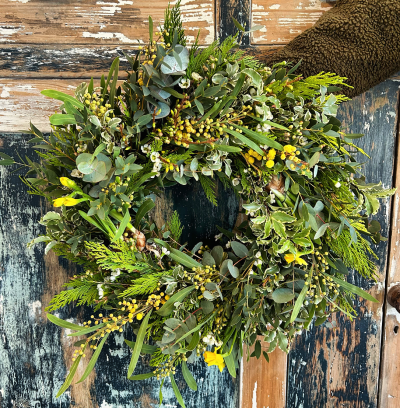 Spring Wreath | Sorrel and Sage Florist, Parbold - Embrace the start of Spring and deck your door with a handmade foliage wreath filled with daffodil and muscari bulbs, order online via the website or call us on 01704 790244