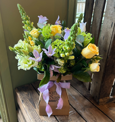 Easter Boxed Bouquet - Sorrel and Sage Florist - Order Easter flowers online via our website, expect beautiful Spring flowers, expertly chosen and arranged by your local, independent, experienced florist.